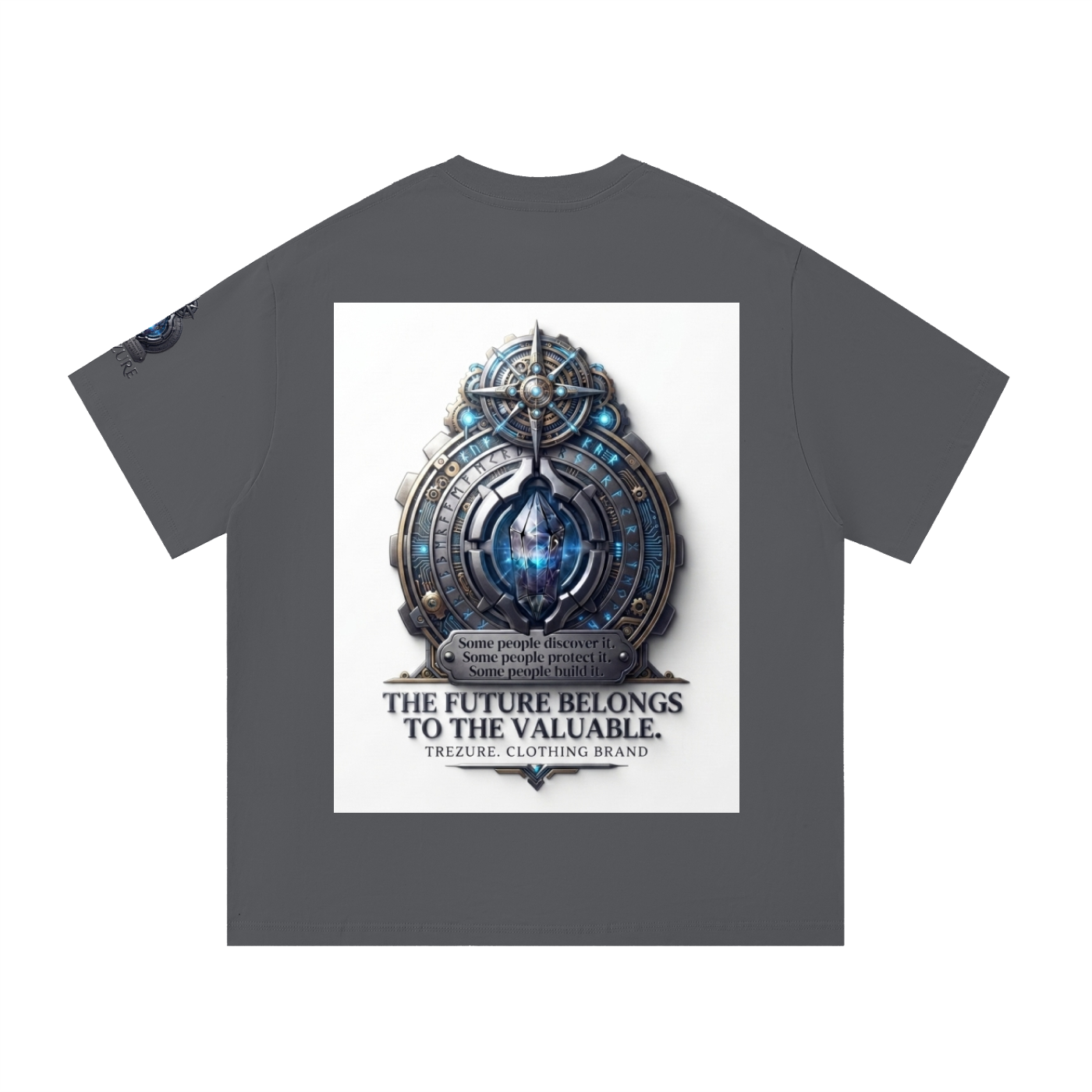 A dark gray short-sleeve t-shirt with a large white rectangular graphic print on the front. The graphic features a detailed, ornate circular emblem in metallic silver and blue with a glowing blue core, above the text 'THE FUTURE BELONGS TO THE VALUABLE.