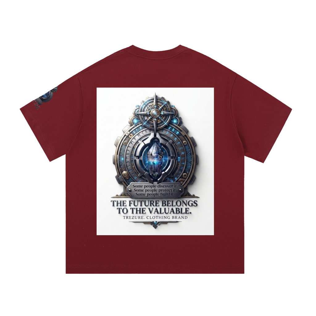 A maroon short-sleeve t-shirt with a large white rectangular graphic on the front featuring a metallic blue and silver clockwork design and the text 'THE FUTURE BELONGS TO THE VALUABLE. TREASURY CLOTHING BRAND.