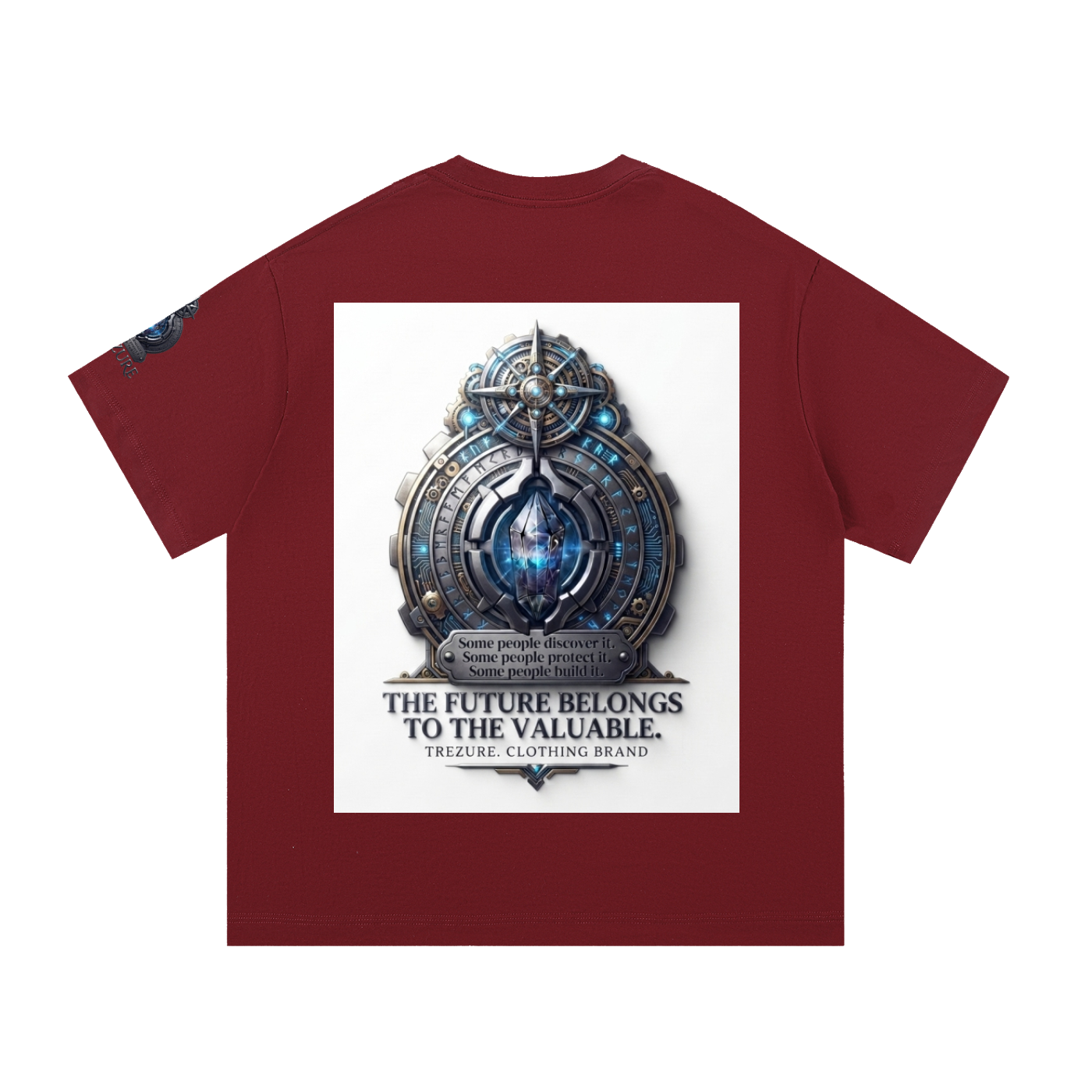 A maroon short-sleeve t-shirt with a large white rectangular graphic on the front featuring a metallic blue and silver clockwork design and the text 'THE FUTURE BELONGS TO THE VALUABLE. TREASURY CLOTHING BRAND.