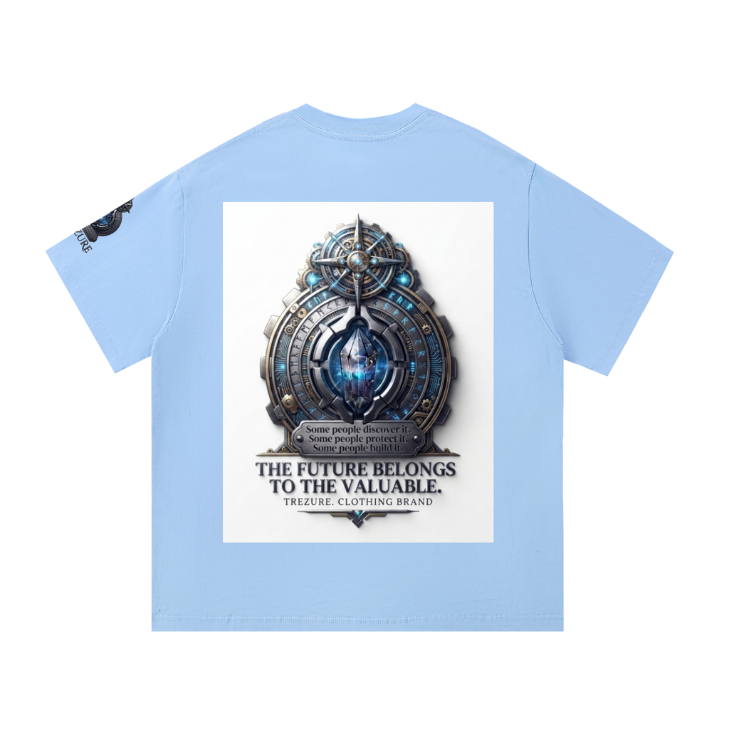 A light blue short-sleeve t-shirt shown from the back, featuring a large white square graphic print in the center with a detailed metallic blue and silver mechanical emblem and the text 'THE FUTURE BELONGS TO THE VALUABLE. TREASURE CLOTHING BRAND.