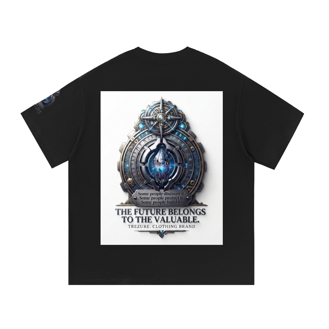 A black short-sleeve t-shirt with a large square graphic print on the front. The graphic features a metallic blue and silver clockwork design with a glowing blue core and the text 'THE FUTURE BELONGS TO THE VALUABLE.