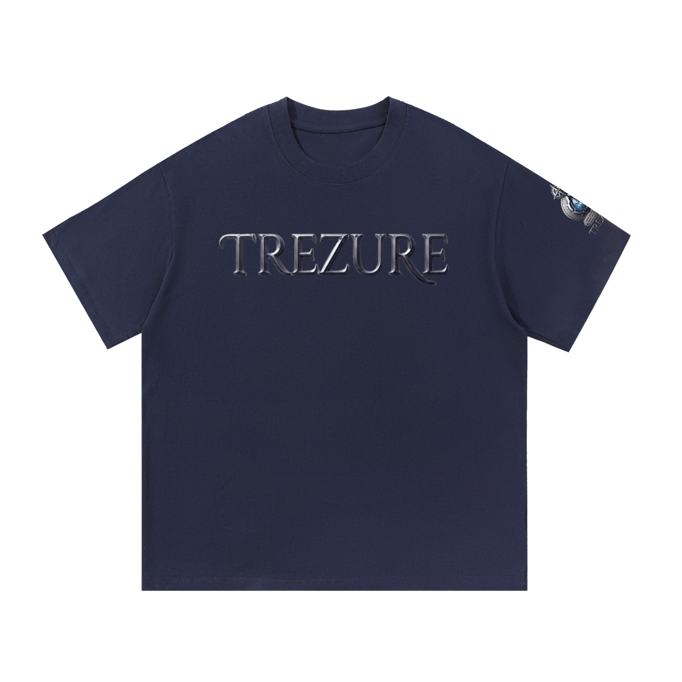 Black t-shirt with red and white text on a white background