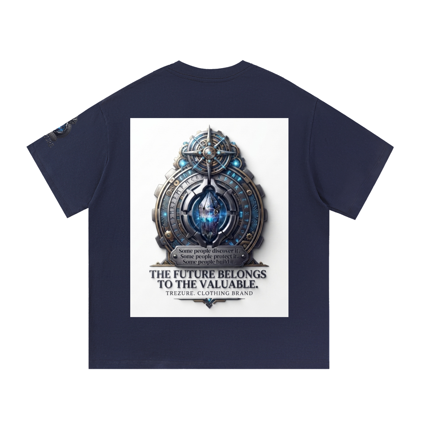 A navy blue short-sleeve t-shirt with a large white rectangular graphic on the front. The graphic features a detailed metallic circular emblem with blue glowing elements and the text 'THE FUTURE BELONGS TO THE VALUABLE.
