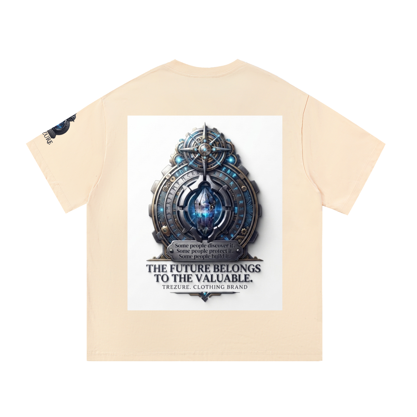 A cream-colored short-sleeve t-shirt shown from the back, featuring a large white rectangular graphic print in the center with a detailed blue and silver mechanical emblem and the text 'THE FUTURE BELONGS TO THE VALUABLE. TREASURE CLOTHING BRAND.