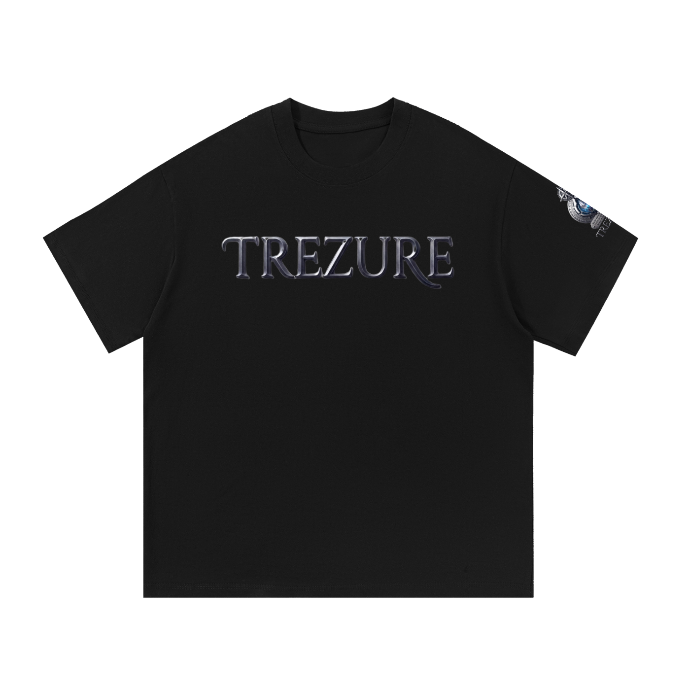 Black t-shirt with red and white text on a white background