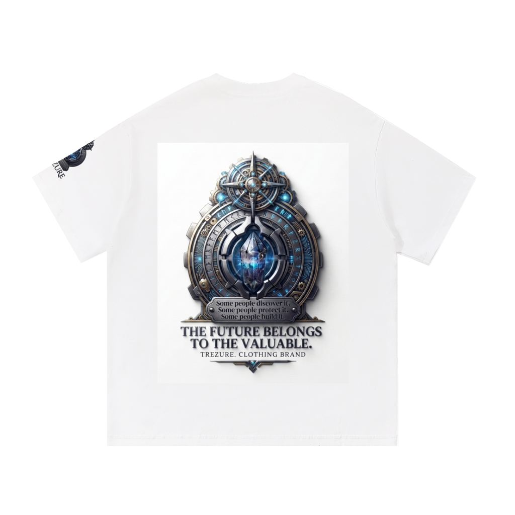 A white short-sleeve T-shirt laid flat against a white background, featuring a large central graphic of a metallic circular emblem with blue glowing details and the text 'THE FUTURE BELONGS TO THE VALUABLE. TREASURE CLOTHING BRAND.