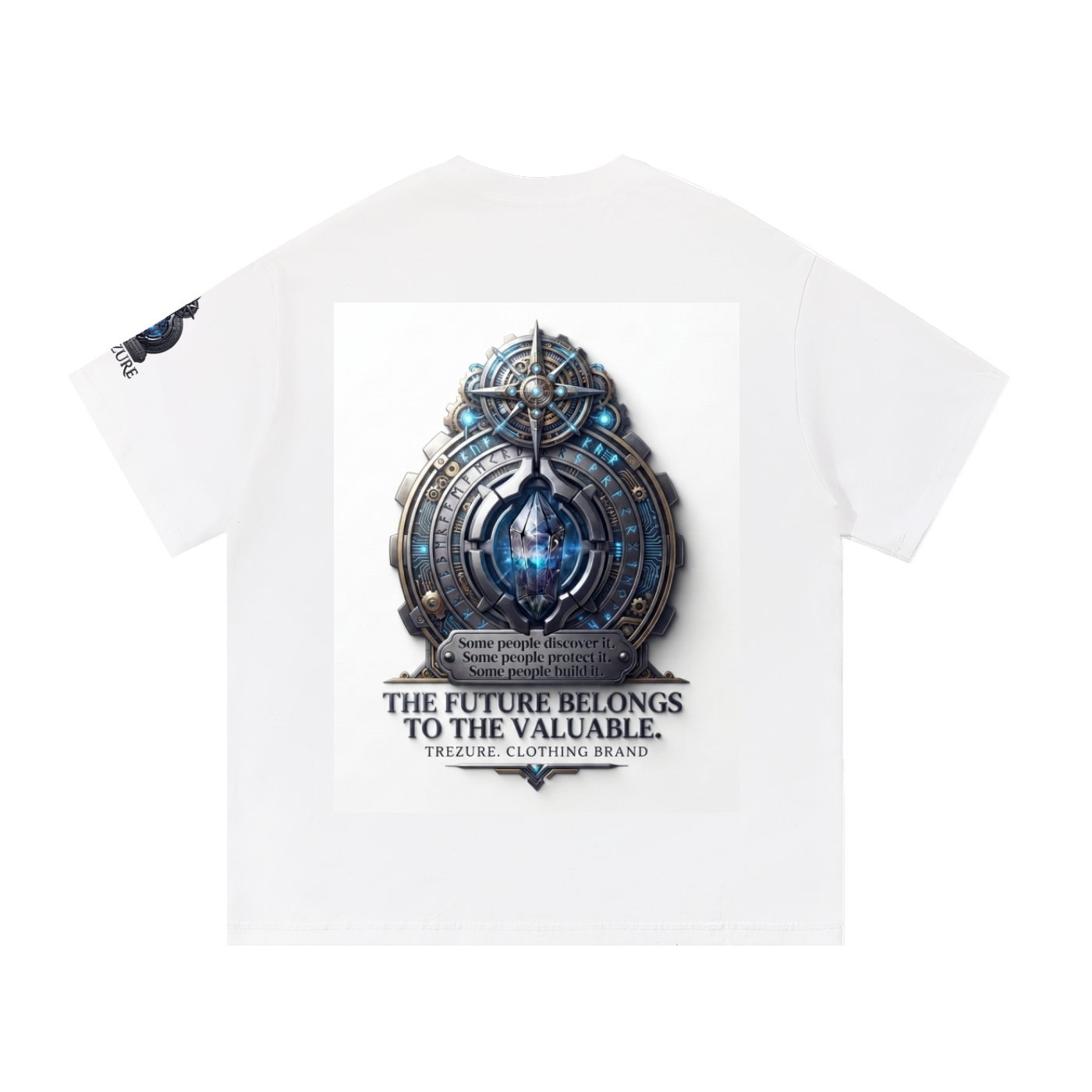 A white short-sleeve T-shirt laid flat against a white background, featuring a large central graphic of a metallic circular emblem with blue glowing details and the text 'THE FUTURE BELONGS TO THE VALUABLE. TREASURE CLOTHING BRAND.