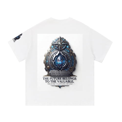 A white short-sleeve T-shirt laid flat against a white background, featuring a large central graphic of a metallic circular emblem with blue glowing details and the text 'THE FUTURE BELONGS TO THE VALUABLE. TREASURE CLOTHING BRAND.