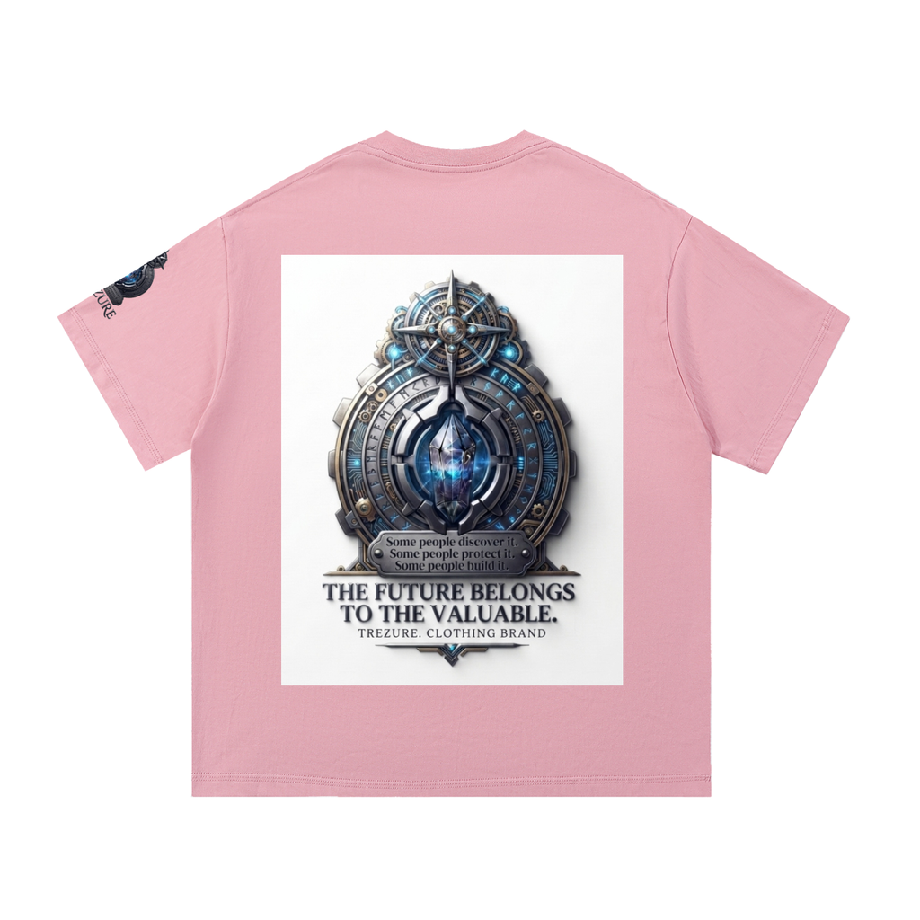 A light pink short-sleeve t-shirt shown from the back, featuring a large white rectangular graphic print in the center with a detailed blue and silver circular emblem and the text 'THE FUTURE BELONGS TO THE VALUABLE. TREASURE CLOTHING BRAND.