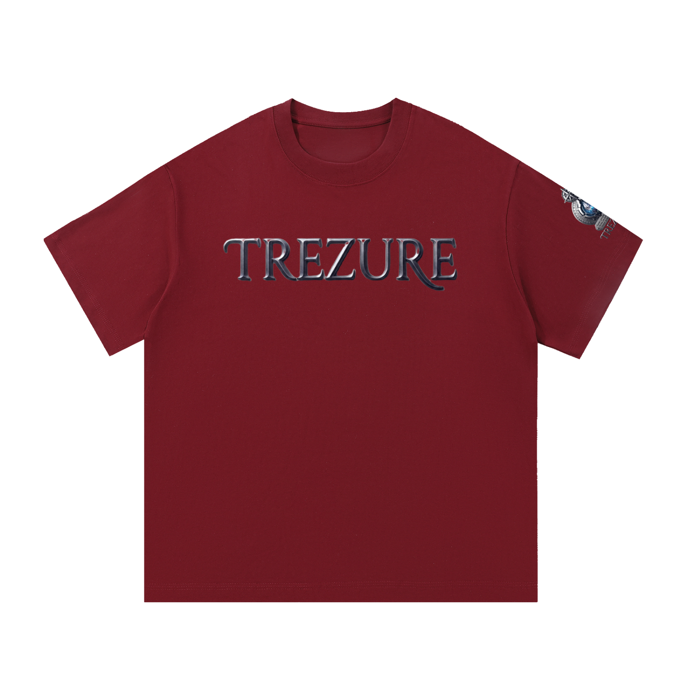 A dark red crewneck t-shirt featuring the word 'TREZURE' printed across the chest in a stylized metallic silver and blue font. A small graphic is visible on the right sleeve.