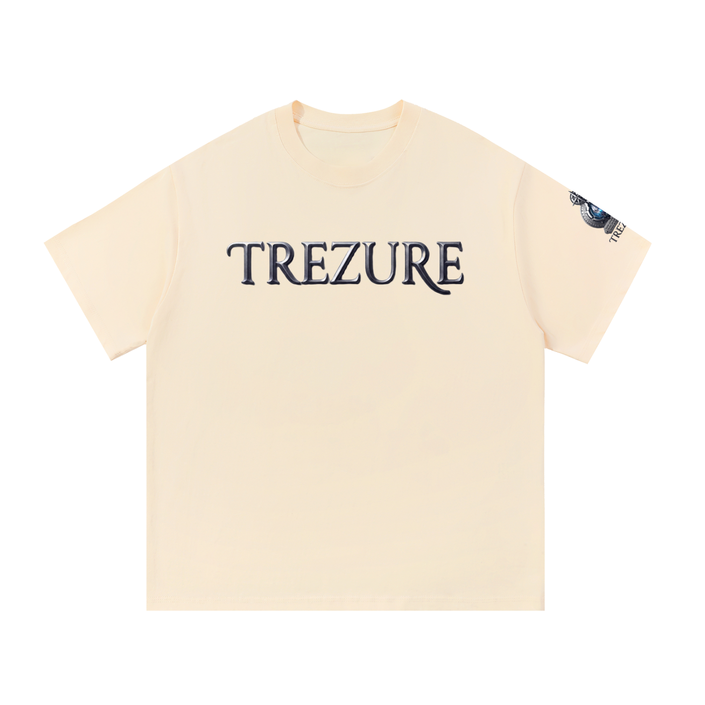 A cream-colored short-sleeve t-shirt with 'TREZURE' printed in dark navy blue across the chest, featuring a small graphic on the right sleeve, shown against a plain white background.