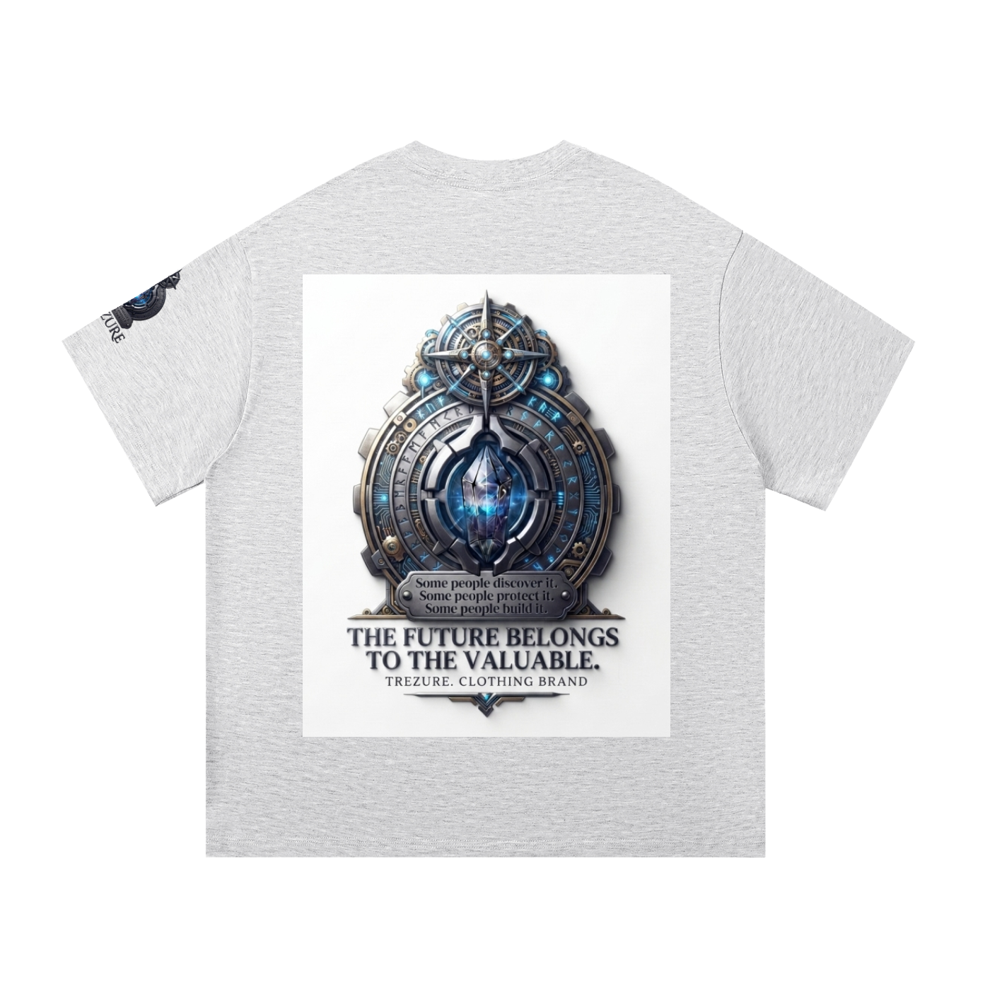 A light heather gray short-sleeve t-shirt shown from the back, featuring a large white rectangular graphic print in the center with a detailed blue and silver mechanical emblem and the text 'THE FUTURE BELONGS TO THE VALUABLE. TREASURE CLOTHING BRAND.